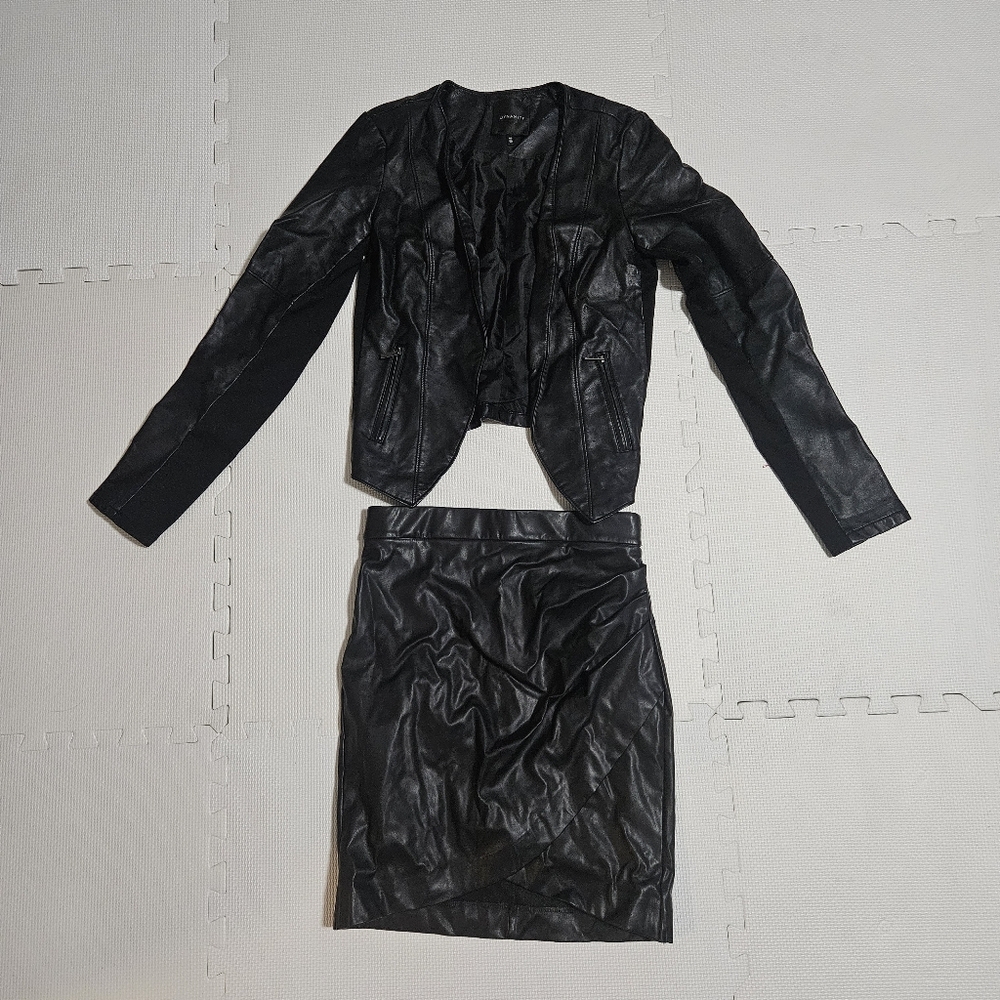 Black Faux Leather Women's Skirt Set